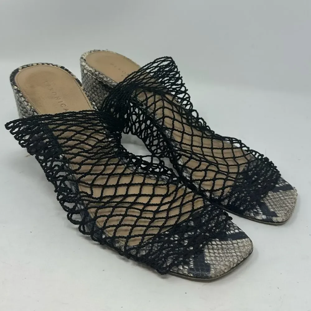 Veronica Beard Kasi Snakeskin Print Block Heel Mesh Slide Sandal In Black 8.5